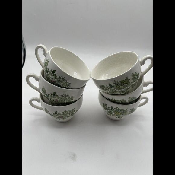 Enoch Wedgwood Tunstall Ltd Kent Green White Tea- Cup Set of 6 & 3 Salad Plates - Picture 4 of 9